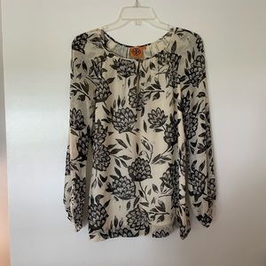 Tory Burch black/creme floral print crepe, lined blouse.  Size 4.